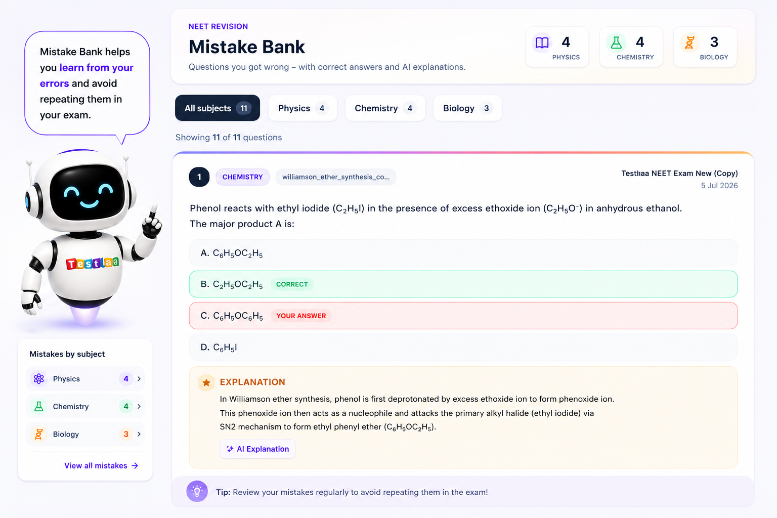 Mistake bank showing wrong answers with correct solutions and AI explanations